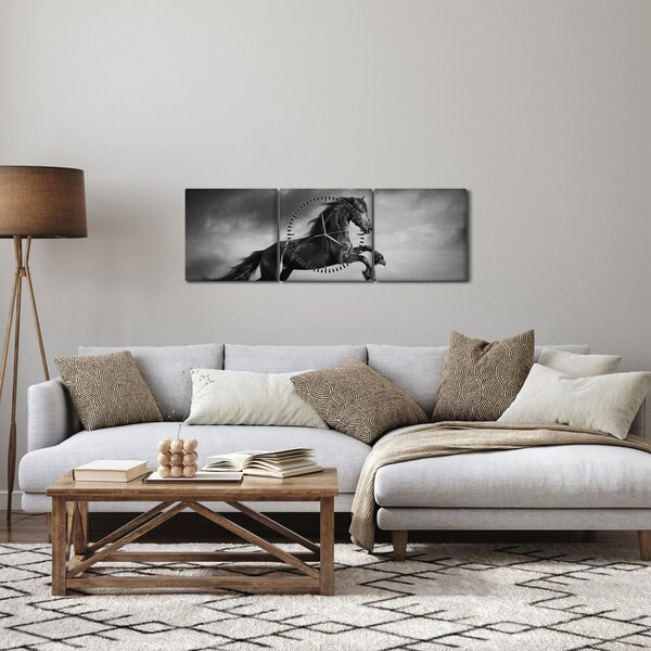 Obraz - Kůň černobílý (s hodinami) (90x30 cm)