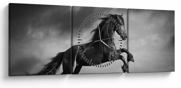 Obraz - Kůň černobílý (s hodinami) (90x30 cm)