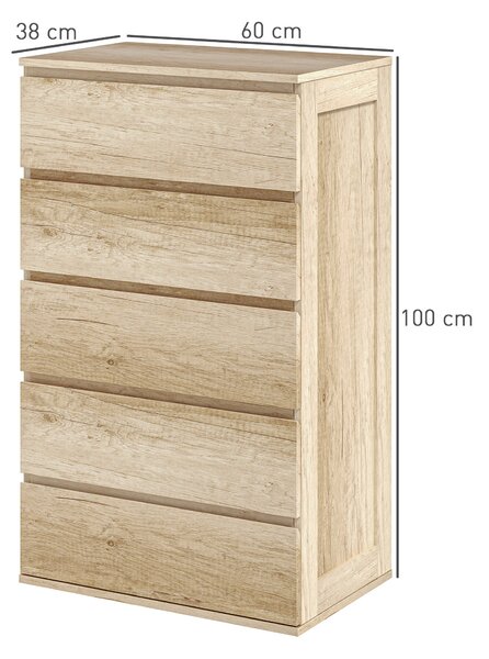 HOMCOM 5-zásuvková komoda do ložnice s moderním stylem a tichým uzavíracím mechanismem - 60 x 38 x 100 cm, Přírodní dřevo | Aosom