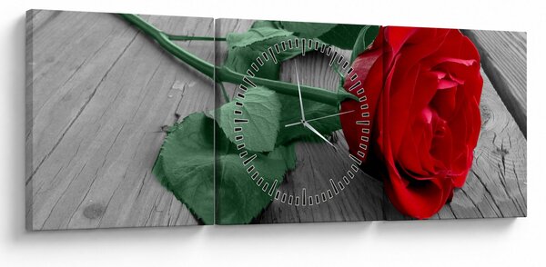 Obraz - Červená růže se zeleným stonkem (s hodinami) (90x30 cm)