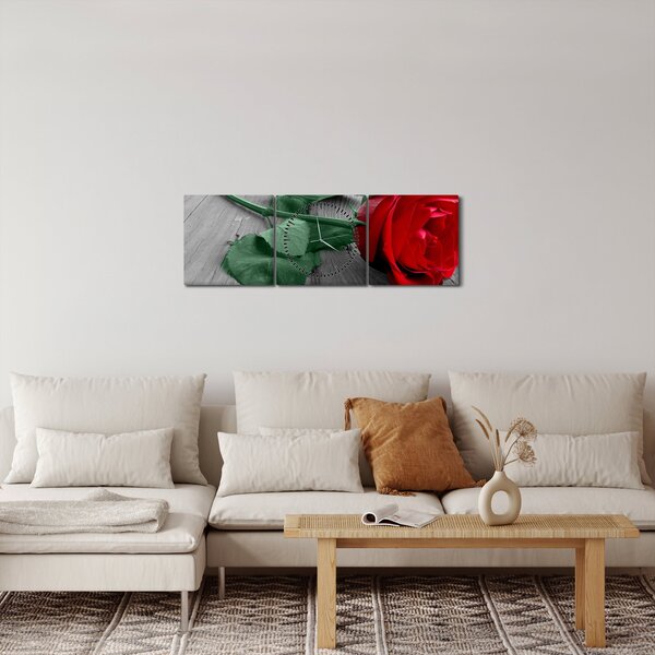 Obraz - Červená růže se zeleným stonkem (s hodinami) (90x30 cm)