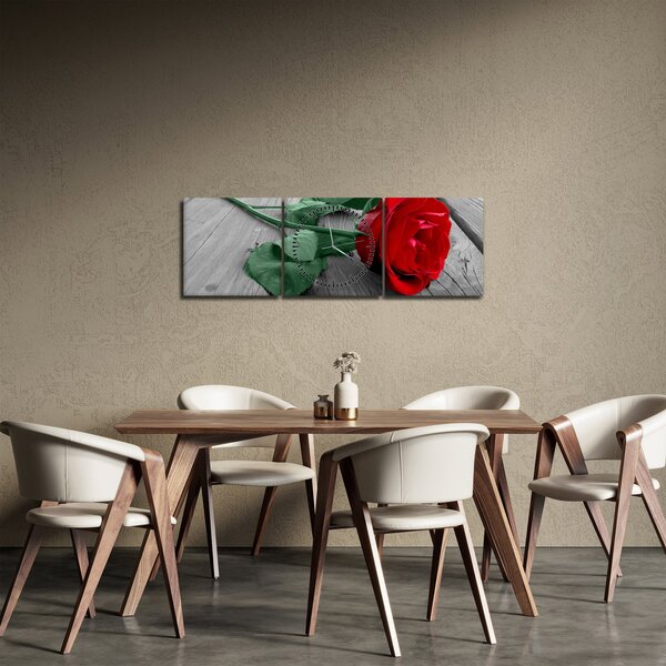 Obraz - Červená růže se zeleným stonkem (s hodinami) (90x30 cm)