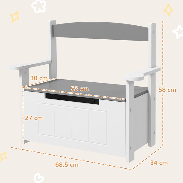 Dětský box na hračky AIYAPLAY 2v1 - úložná lavička se zádovým opěradlem a opěrkami na ruce - plynový píst 68,5L x 34Š x 58V cm Šedá | Aosom