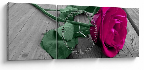 Obraz - Růžová růže se zeleným stonkem (s hodinami) (90x30 cm)