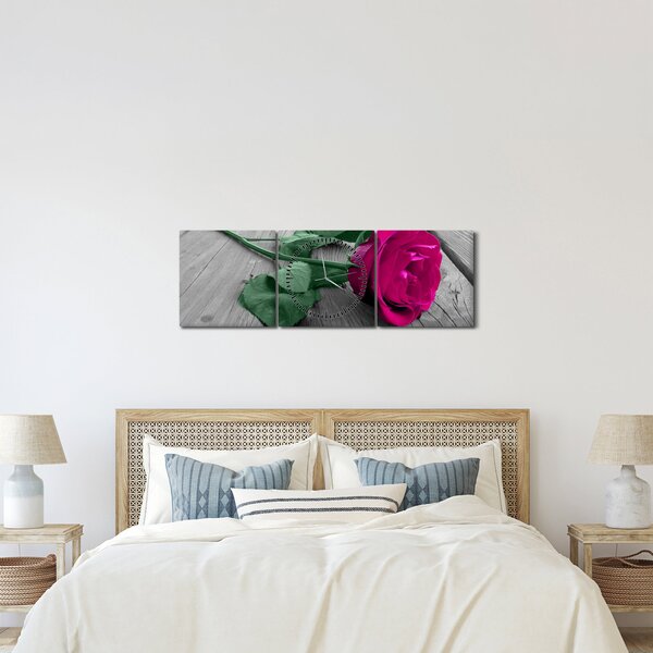 Obraz - Růžová růže se zeleným stonkem (s hodinami) (90x30 cm)
