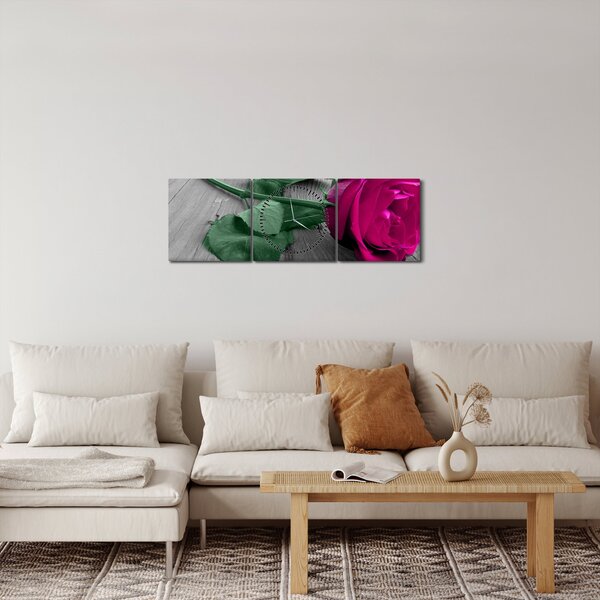 Obraz - Růžová růže se zeleným stonkem (s hodinami) (90x30 cm)