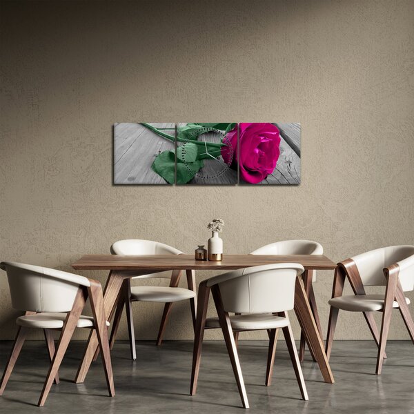 Obraz - Růžová růže se zeleným stonkem (s hodinami) (90x30 cm)