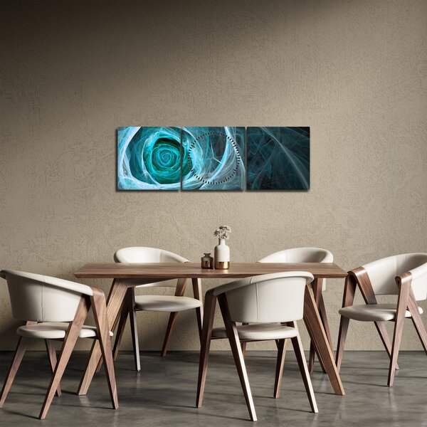 Obraz - Abstraktní růže modrá s černým pozadím (s hodinami) (90x30 cm)