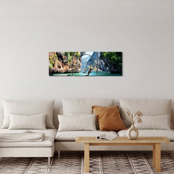 Obraz - Vodní středomořská krajina s lodí (s hodinami) (90x30 cm)