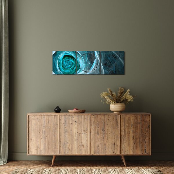 Obraz - Abstraktní růže modrá s černým pozadím (s hodinami) (90x30 cm)
