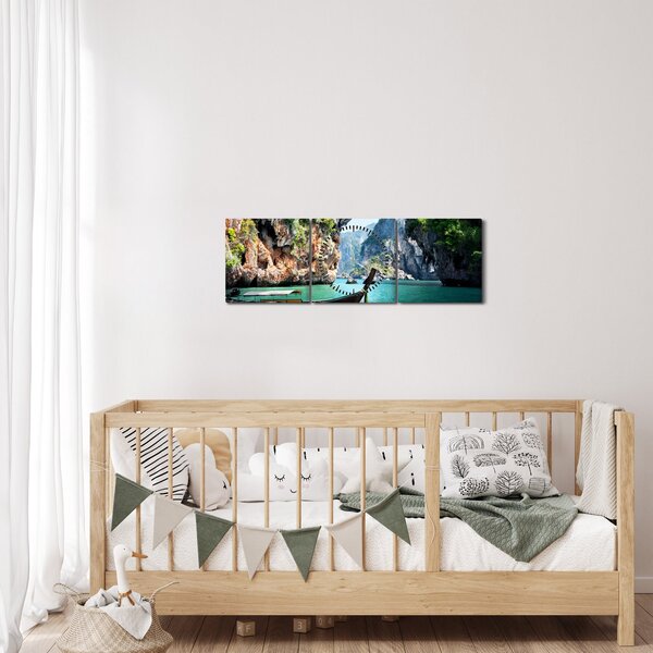 Obraz - Vodní středomořská krajina s lodí (s hodinami) (90x30 cm)
