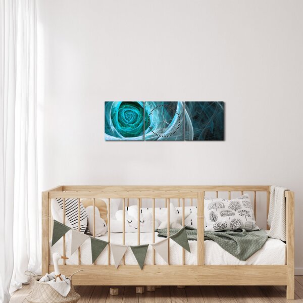 Obraz - Abstraktní růže modrá s černým pozadím (s hodinami) (90x30 cm)