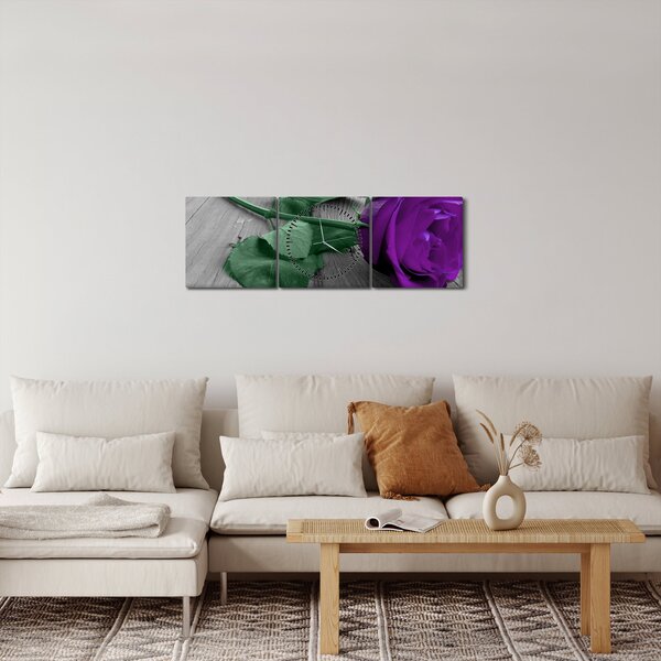 Obraz - Fialová růže se zeleným stonkem (s hodinami) (90x30 cm)