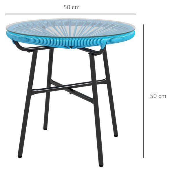 Kulatý zahradní konferenční stolek Outsunny s povrchem z umělého ratanu a skleněnou deskou Ø 50 x 50 cm Modrý | Aosom