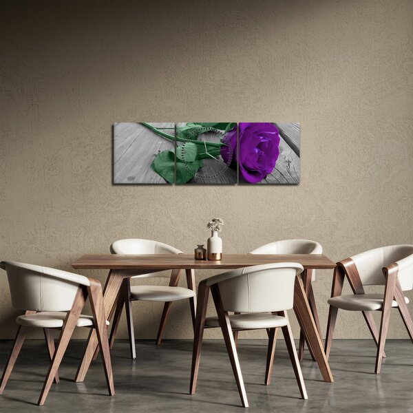 Obraz - Fialová růže se zeleným stonkem (s hodinami) (90x30 cm)