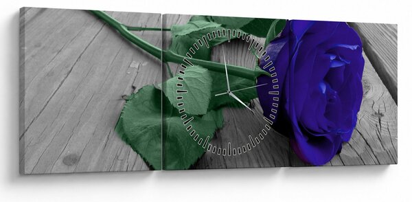 Obraz - Modrá růže se zeleným stonkem (s hodinami) (90x30 cm)