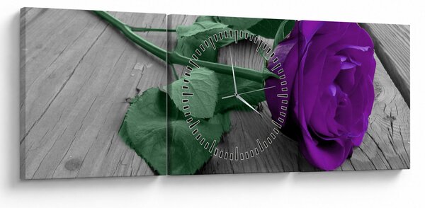 Obraz - Fialová růže se zeleným stonkem (s hodinami) (90x30 cm)