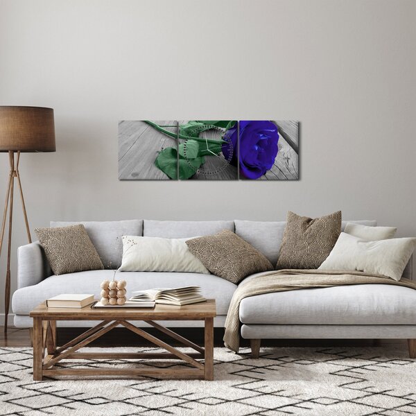 Obraz - Modrá růže se zeleným stonkem (s hodinami) (90x30 cm)