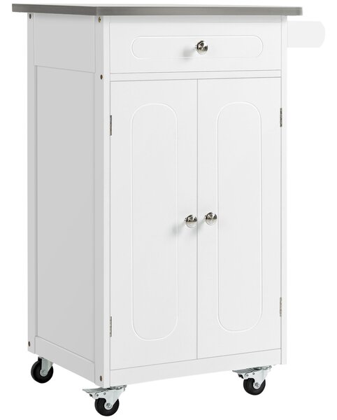 HOMCOM Bílý Kitchen Island Trolley z MDF a nerezové oceli s kolečky, víceúložný, 1 zásuvka, skříňka s 2 dveřmi a držákem na utěrku | Aosom