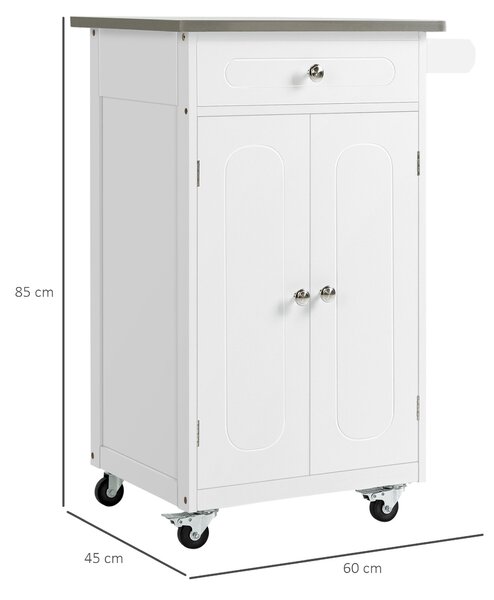HOMCOM Bílý Kitchen Island Trolley z MDF a nerezové oceli s kolečky, víceúložný, 1 zásuvka, skříňka s 2 dveřmi a držákem na utěrku | Aosom