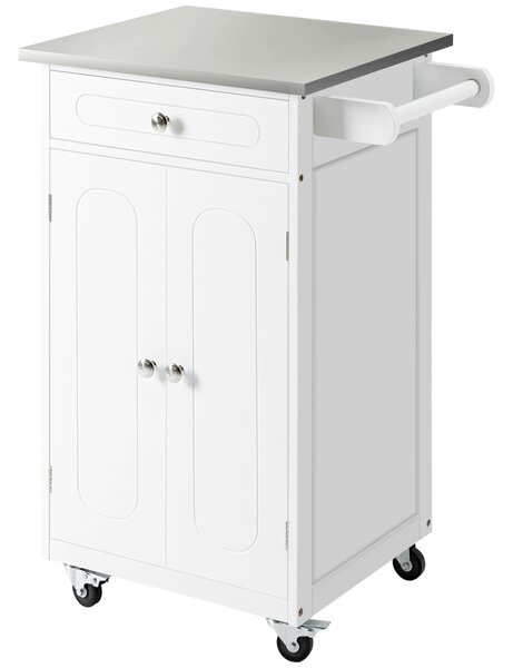 HOMCOM Bílý Kitchen Island Trolley z MDF a nerezové oceli s kolečky, víceúložný, 1 zásuvka, skříňka s 2 dveřmi a držákem na utěrku | Aosom
