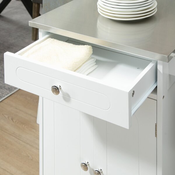 HOMCOM Bílý Kitchen Island Trolley z MDF a nerezové oceli s kolečky, víceúložný, 1 zásuvka, skříňka s 2 dveřmi a držákem na utěrku | Aosom