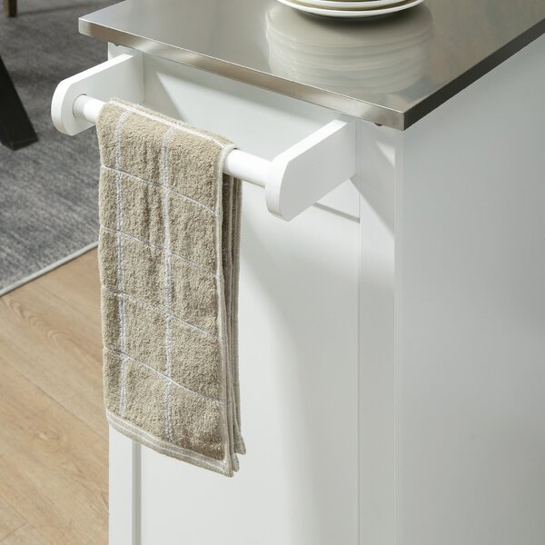 HOMCOM Bílý Kitchen Island Trolley z MDF a nerezové oceli s kolečky, víceúložný, 1 zásuvka, skříňka s 2 dveřmi a držákem na utěrku | Aosom