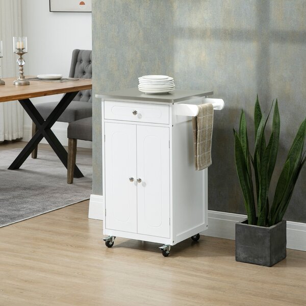 HOMCOM Bílý Kitchen Island Trolley z MDF a nerezové oceli s kolečky, víceúložný, 1 zásuvka, skříňka s 2 dveřmi a držákem na utěrku | Aosom