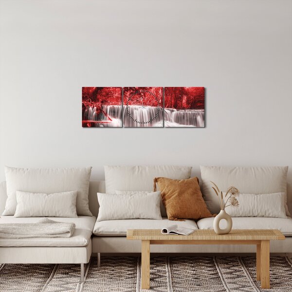 Obraz - Vodopád, červený (s hodinami) (90x30 cm)