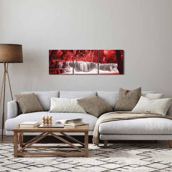 Obraz - Vodopád, červený (s hodinami) (90x30 cm)