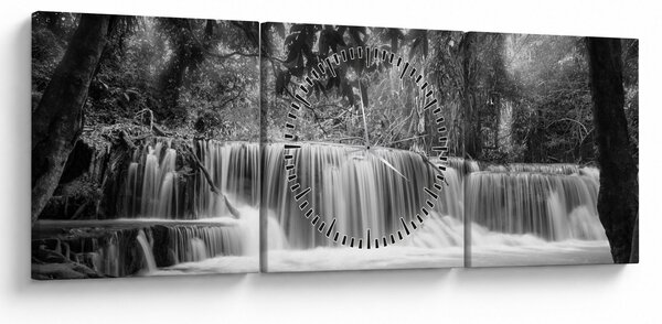 Obraz - Černobílý vodopád (s hodinami) (90x30 cm)