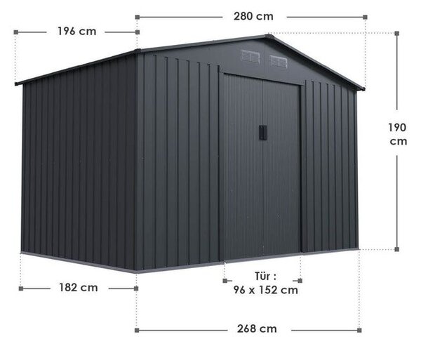 Kovový zahradní domek s posuvnými dveřmi 280 x 196 x 190 cm