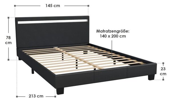Moderní černá čalouněná postel 140x200 s LED a roštem