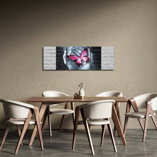 Obraz - Růžový motýl ve zdi (s hodinami) (90x30 cm)