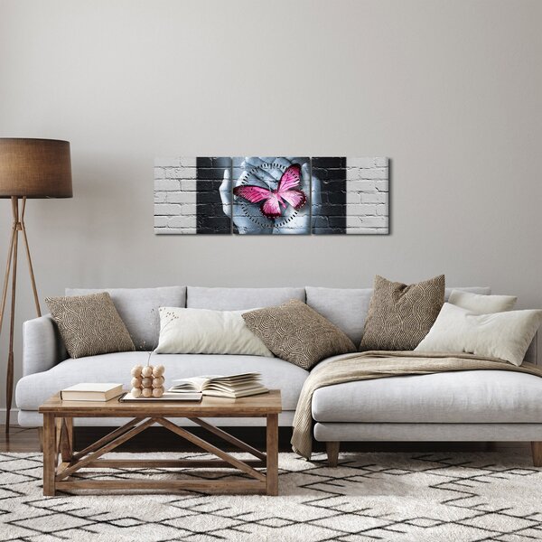 Obraz - Růžový motýl ve zdi (s hodinami) (90x30 cm)