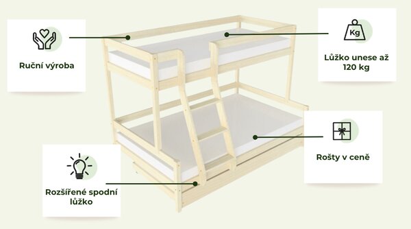 Patrová postel LUCKY s předním žebříkem 90x200, 120x200 cm - Světle šedá, Zvolte šuplík: Dvojitý úložný šuplík, Zvolte stranu: Vlevo