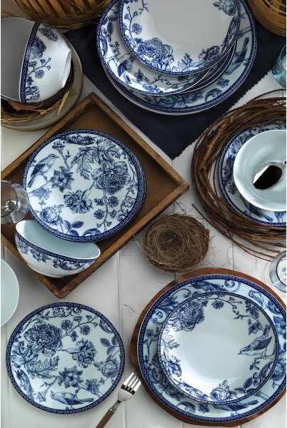 Jídelní sada 24 ks bílá/modrá/porcelán