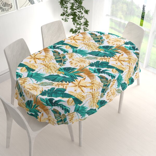 Biante Bavlněný oválný ubrus Sandra SA-245 Zelené a zlaté tropické listy 100x140 cm