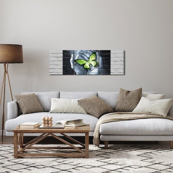 Obraz - Zelený motýl ve zdi (s hodinami) (90x30 cm)
