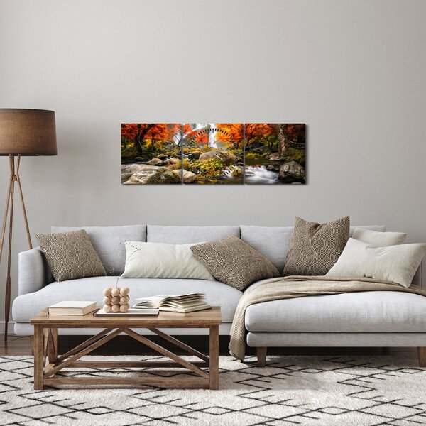 Obraz - Vodopády v podzimní krajině, oranžový (s hodinami) (90x30 cm)