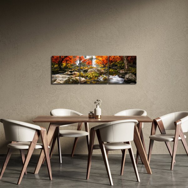 Obraz - Vodopády v podzimní krajině, oranžový (s hodinami) (90x30 cm)