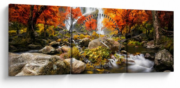 Obraz - Vodopády v podzimní krajině, oranžový (s hodinami) (90x30 cm)