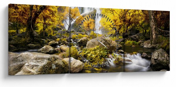 Obraz - Vodopády v podzimní krajině, žluté (s hodinami) (90x30 cm)