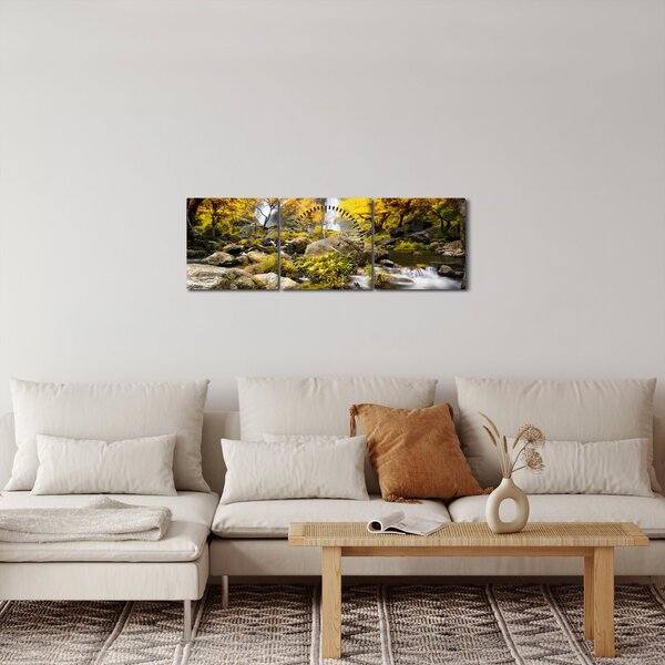 Obraz - Vodopády v podzimní krajině, žluté (s hodinami) (90x30 cm)