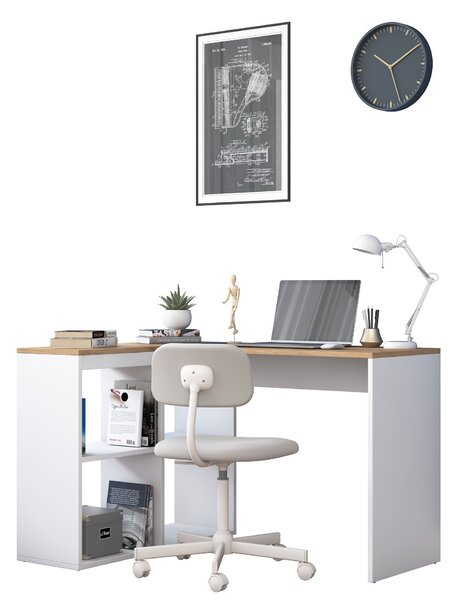 Kalune Design Rohový psací stůl Mario 120 cm s úložným regálem dub přírodní/bílý