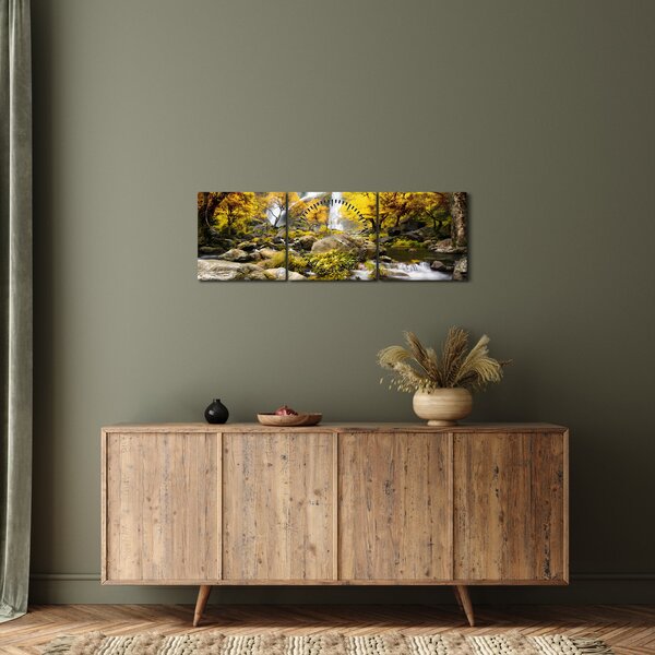 Obraz - Vodopády v podzimní krajině, žluté (s hodinami) (90x30 cm)