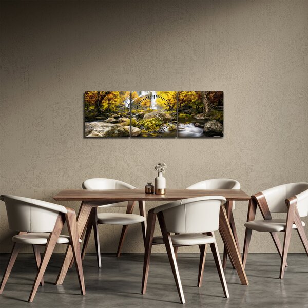 Obraz - Vodopády v podzimní krajině, žluté (s hodinami) (90x30 cm)