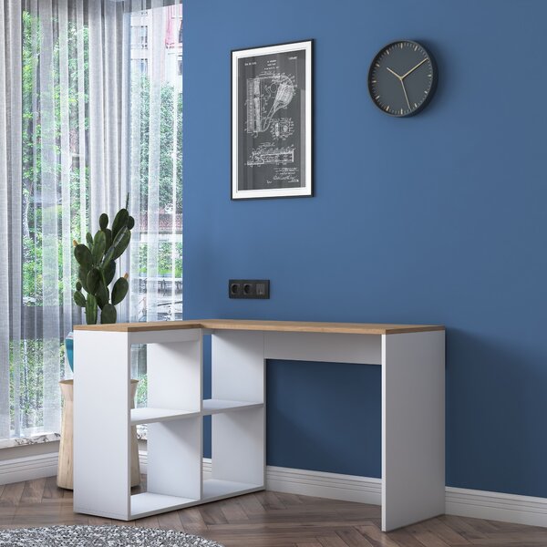 Kalune Design Rohový psací stůl Mario 120 cm s úložným regálem dub přírodní/bílý