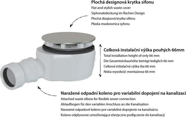 Sifon do sprchové vaničky, průměr 90 mm, DN40, nízký, kryt z leštěné nerezové oceli