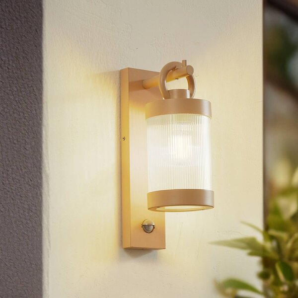 Lindby Venkovní nástěnné svítidlo Yrene, 20 cm, béžové, senzor, vlnovka, stmívatelný, Krémová / jantar, Hliník, Moderní